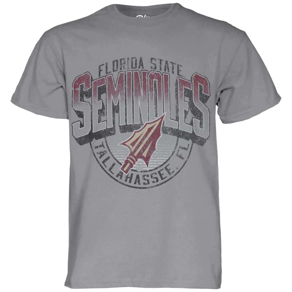 Blue 84 Men's Florida State Seminoles Arrowhead Design Short Sleeve Garment Dyed T-shirt - Steel